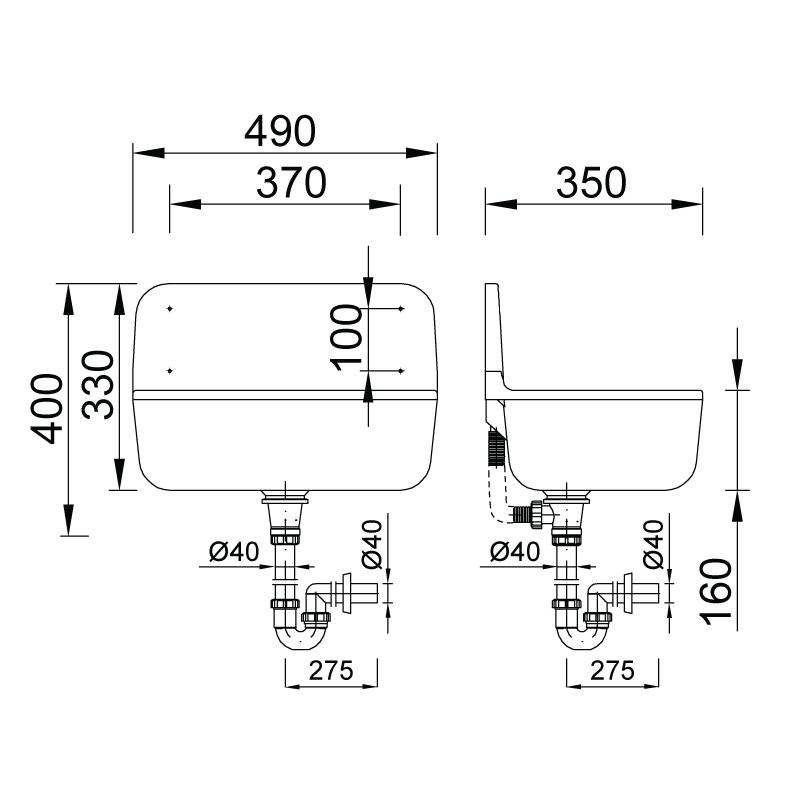 Умывальник пластиковый (белый) с сифоном D. 40, 490x400x160 STY-350  STYRON