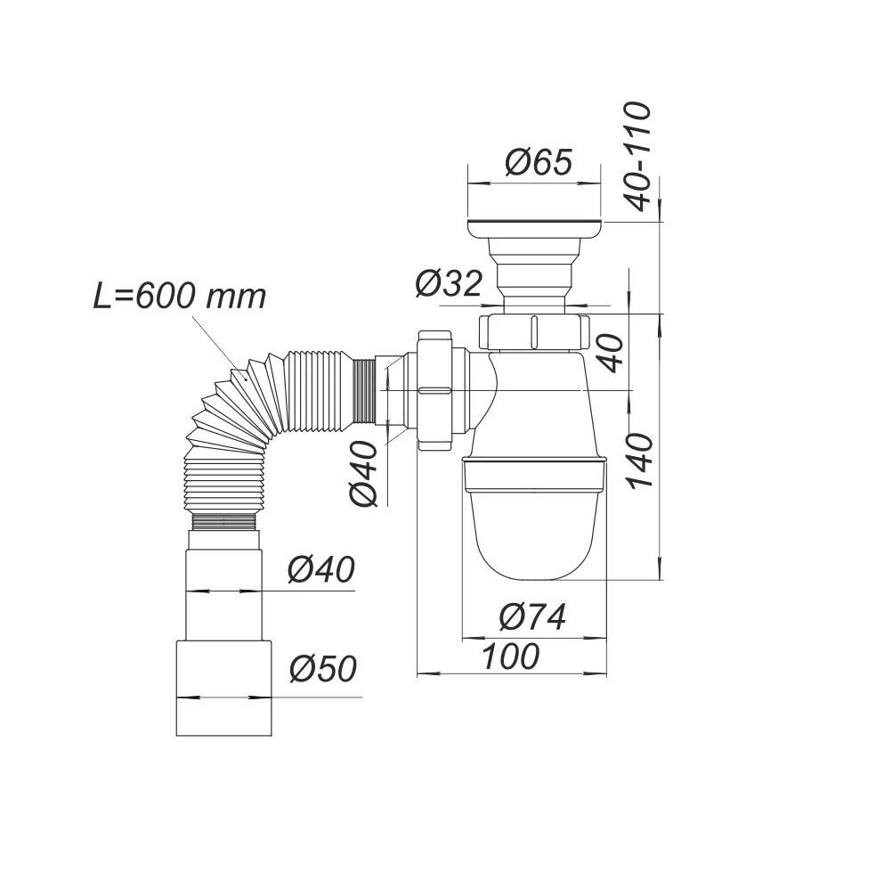 Sifon lavoar tip "butelie" Universal D. 1.1/4" x 50 cu furtun, L max=800 mm У0111  SOLOPLAST