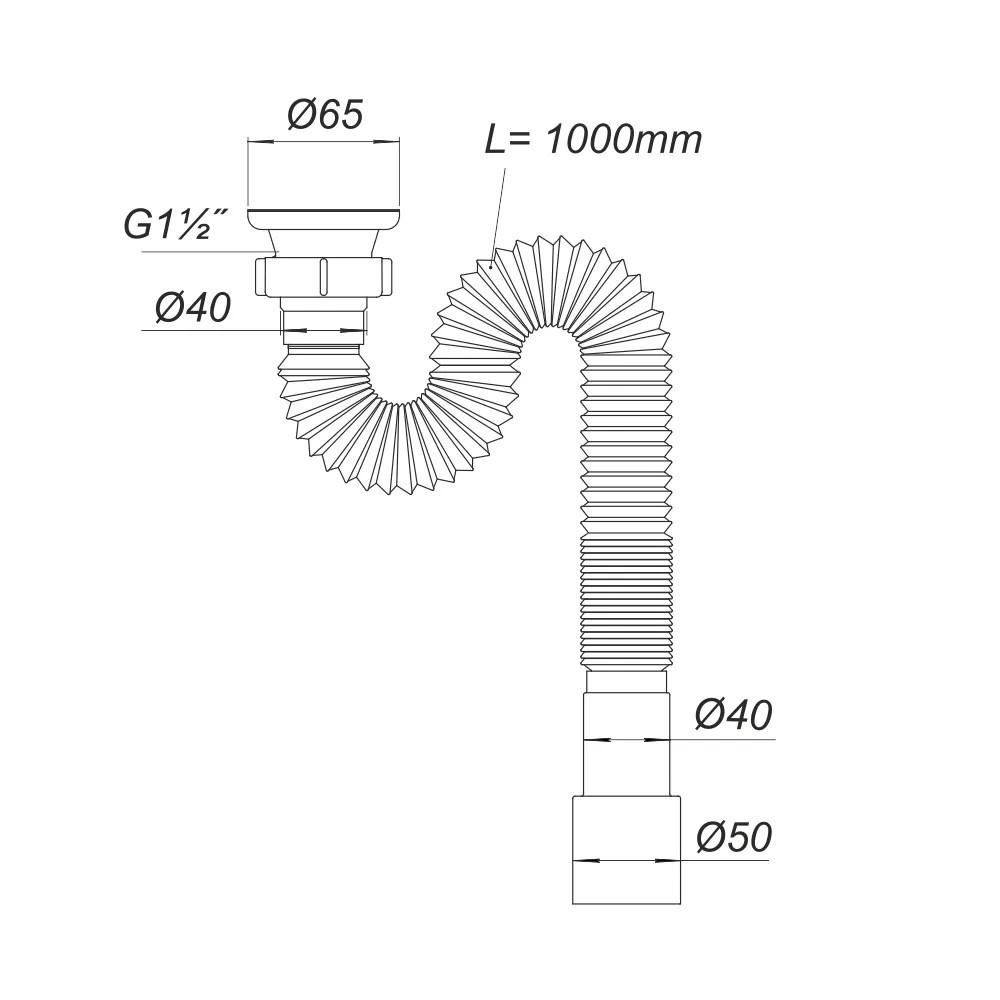 Сифон для умывальника гофрированный D. 1.1/2" x 50 выпуск из нержавеющей стали 65, L=1200 мм Г0106  SOLOPLAST
