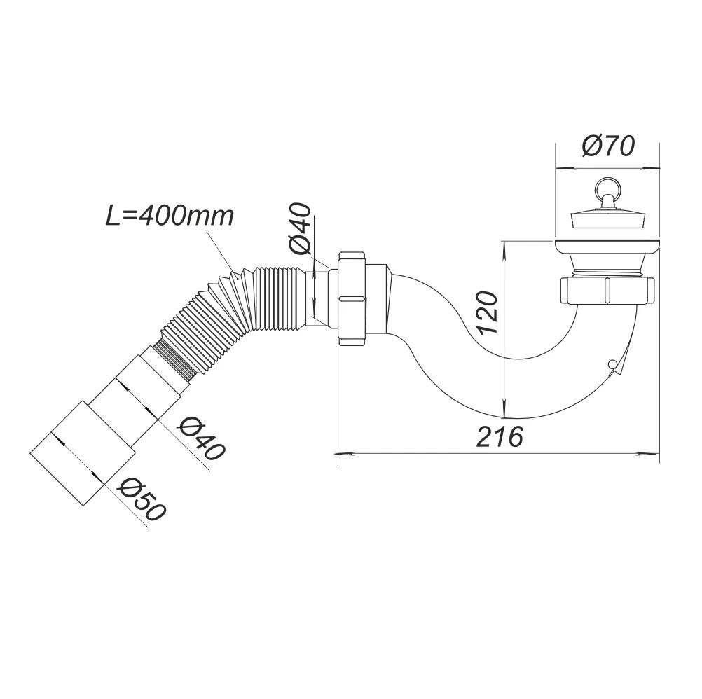 Сифон для душевого поддона D. 1.1/2" x 40 "S"-тип, решетка из нержавеющей стали, с гибкой трубой 50 L=400 мм, с пробкой Д0110  SOLOPLAST