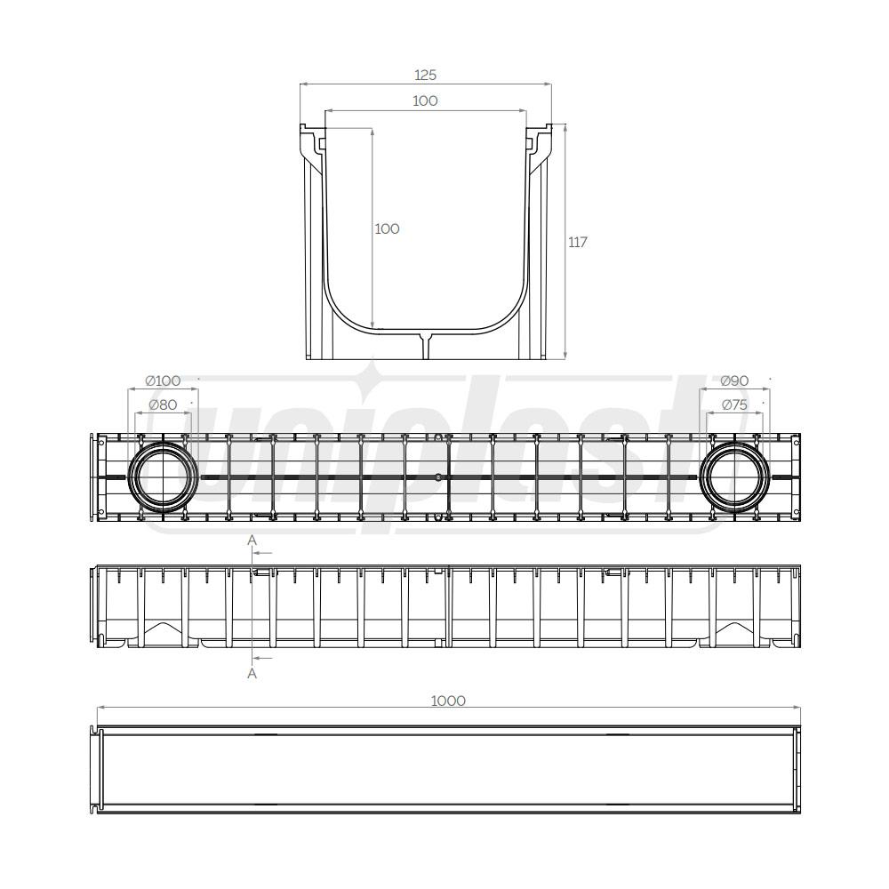Rigola canalizare PP cu grila PP A15 doua bucati (negru)  100x100x1000 mm (cu iesire verticala D.110x75)  SAB