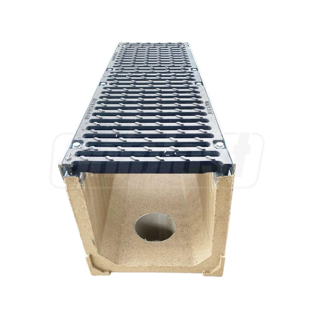 Gratar fonta canalizare cu rigola fibrobeton L=1000 mm H=300 mm B=300 mm EN124 D400 cu racord D.100 PVC pe partea de jos TR
