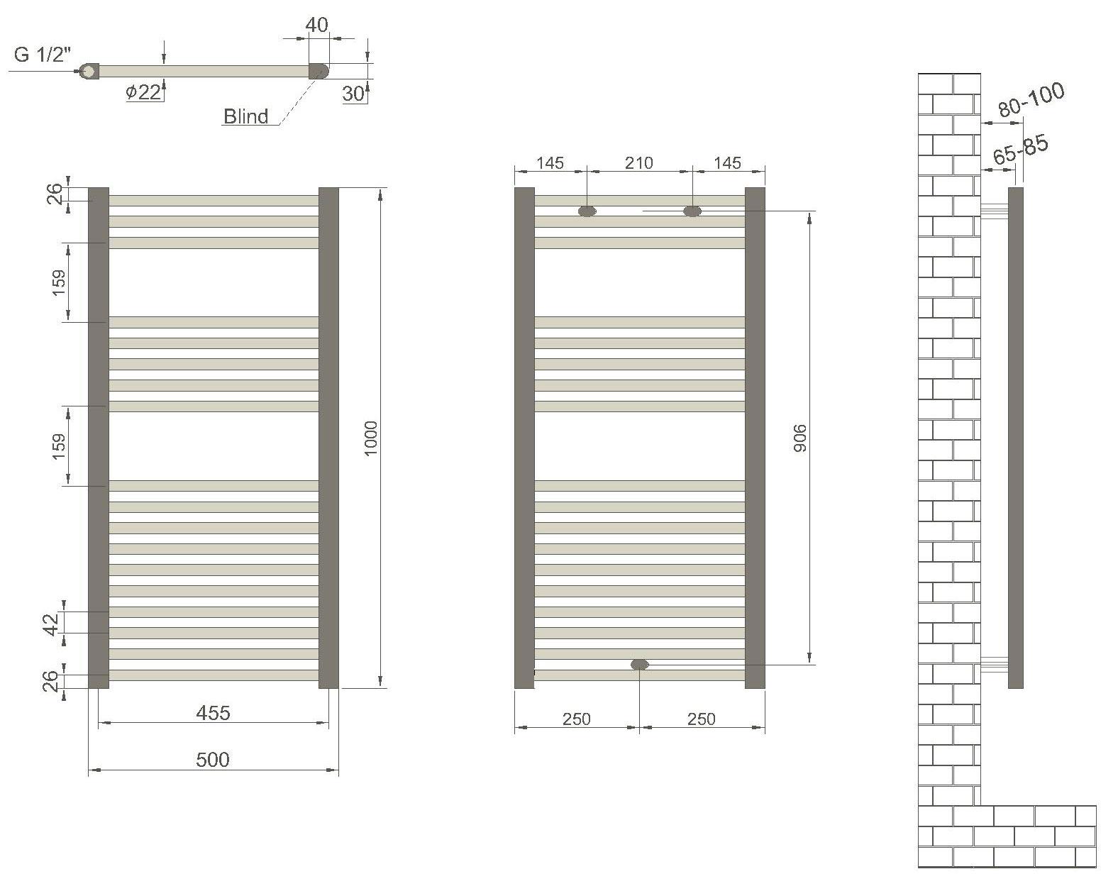 Uscator de prosoape  500 x 1000 mm Flat (negru mat) Haiti  RADIVA