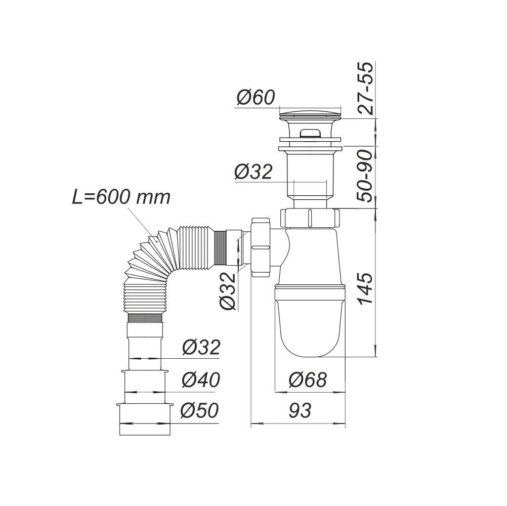 Сифон для умывальника бутылочный Click-Clack D. 1.1/4" x 32/40/50 с гибкой трубой, L max=600 мм Т0516  SOLOPLAST