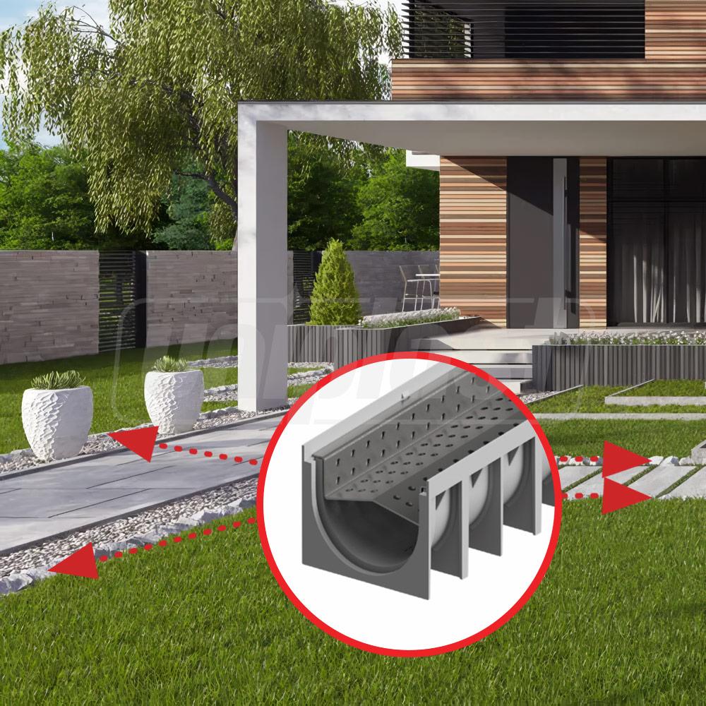 Решетка канализационная с лотком A15 HDPE для камней 4STONE 100x70x1000 мм EN1433 (D.110) MUFLESYSTEM