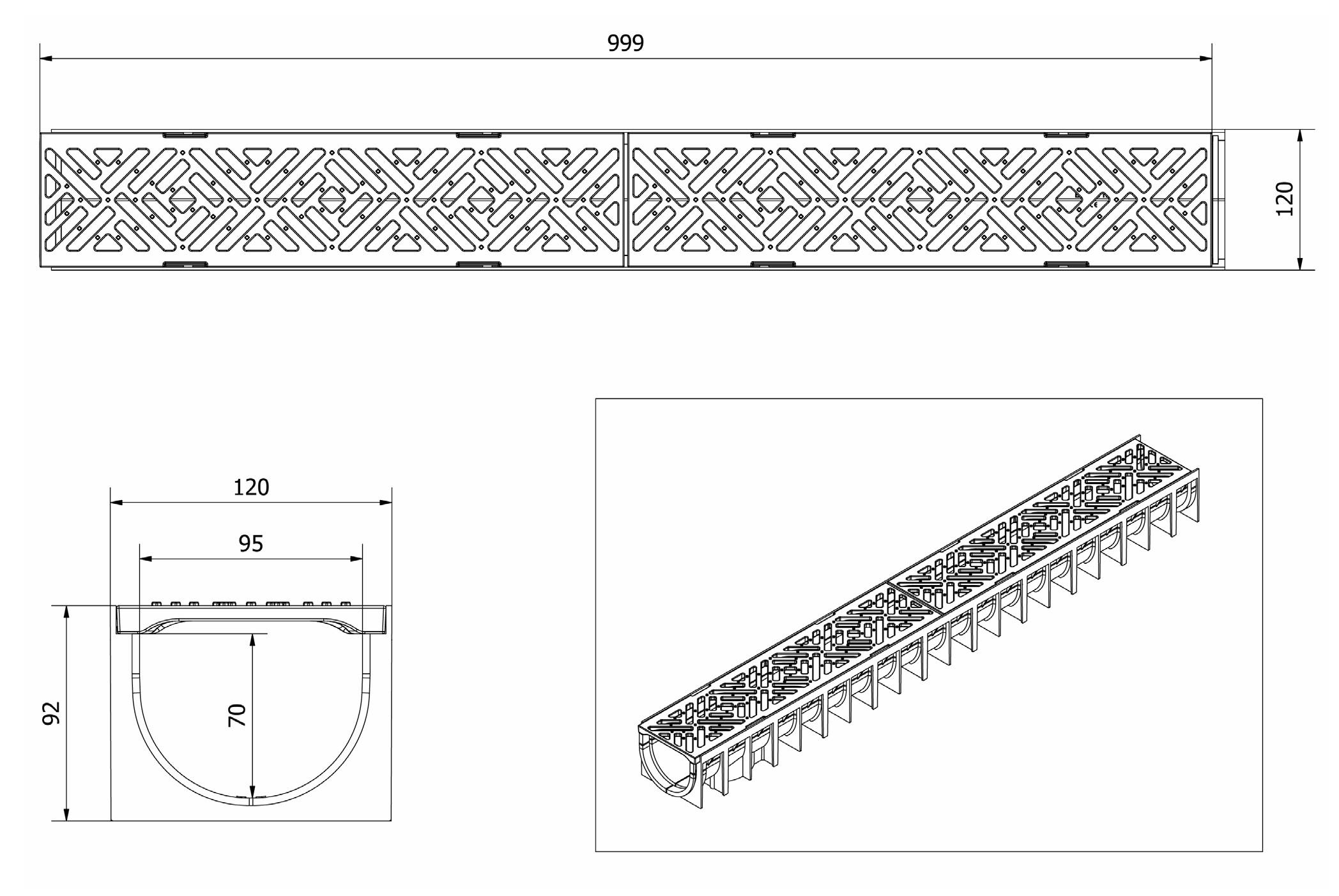 Rigola canalizare PP cu grila din fonta B125 1000x70x100 mm Brooklyn  MUFLESYSTEM
