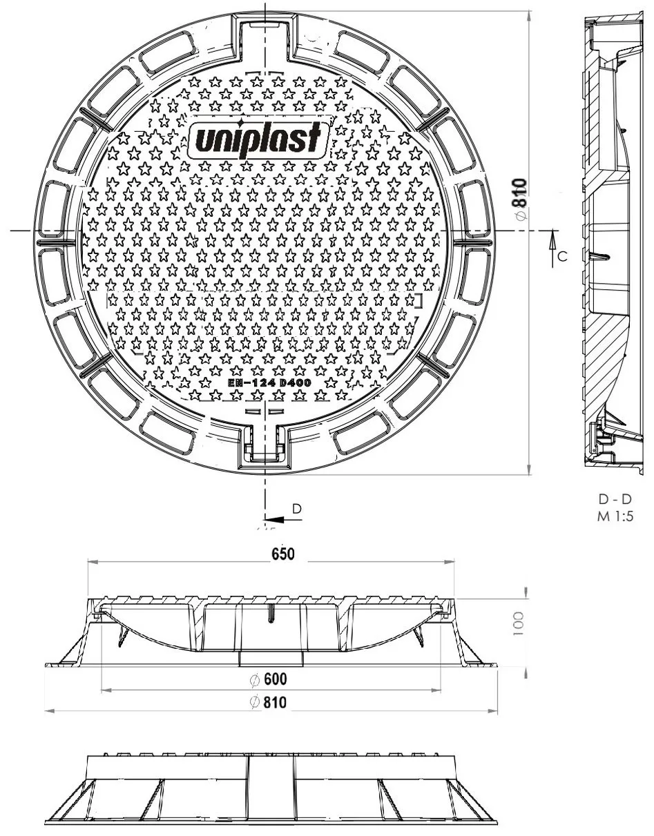Capac din fonta D.600 EN-124 D400 55 kg (650x810x100 mm)