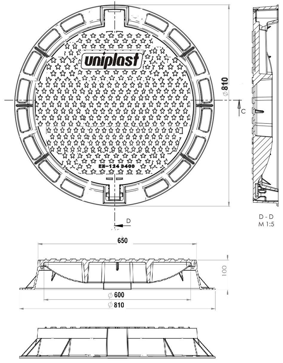 Люк чугунный D.600 EN-124 D400 55 кг (650x810x100 мм)