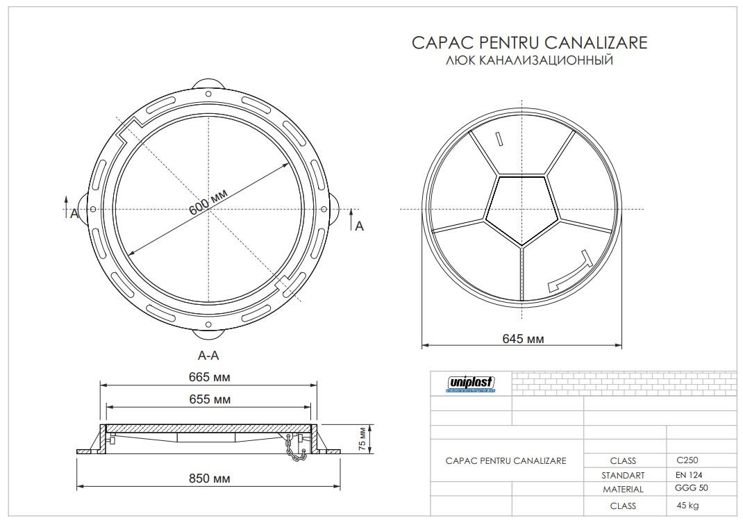 Capac din fonta D.600 EN-124 C250 45 kg (645x850x75 mm)