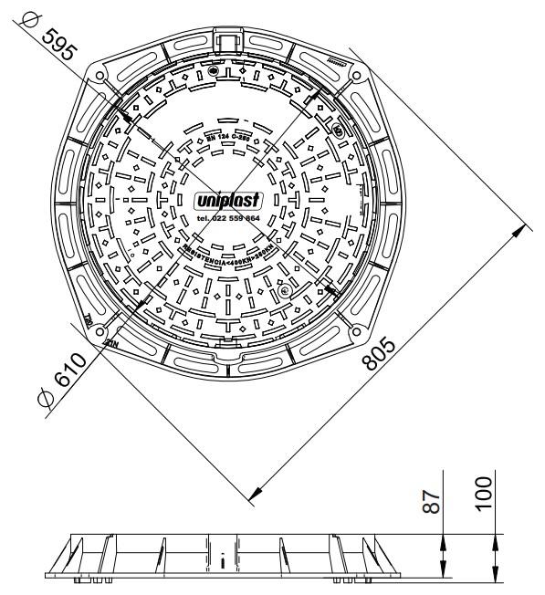 Люк чугунный D.600 EN-124 C250 38 кг с замком N (595x805x100 мм)