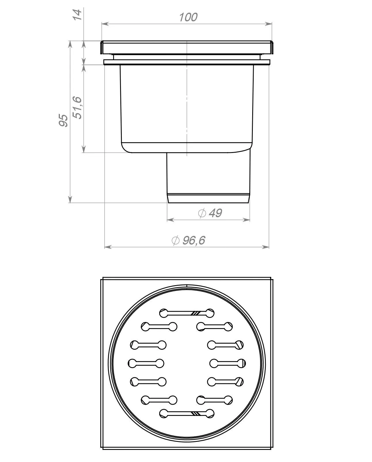 Трап ПП D. 50 вертикальный (белый) (100 x 100 x 54 мм, решетка из нержавеющей стали) ТВ50 SOLOPLAST