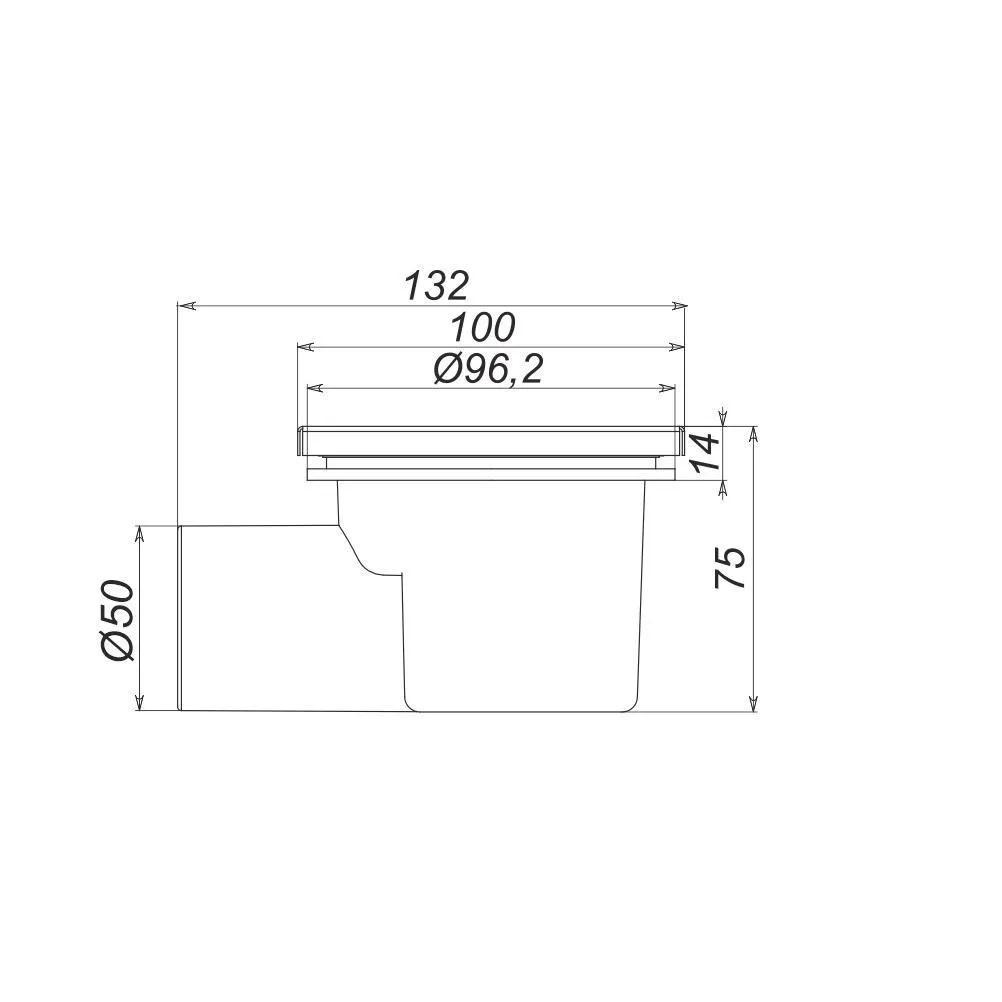 Трап ПП D. 50 x 90° горизонтальный (белый) (100 x 100 x 64 мм, решетка из нержавеющей стали) Т50  SOLOPLAST