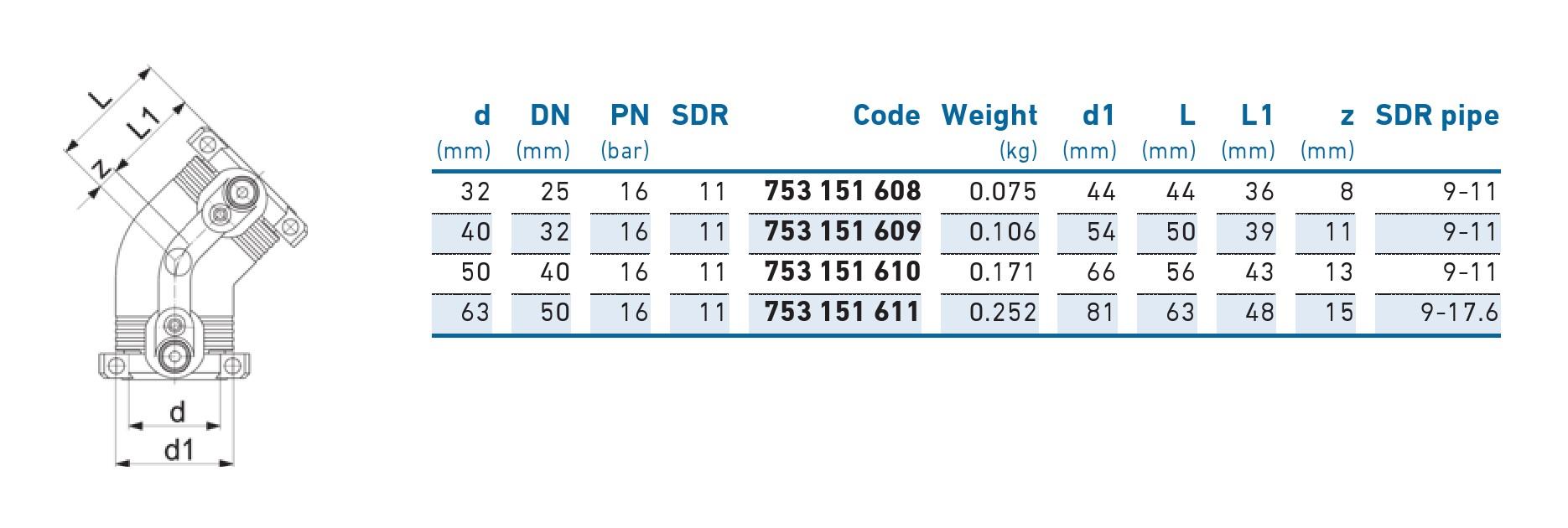 Cot e/f 45° D. 40 PE100 SDR11 PN16 39.5W +GF+