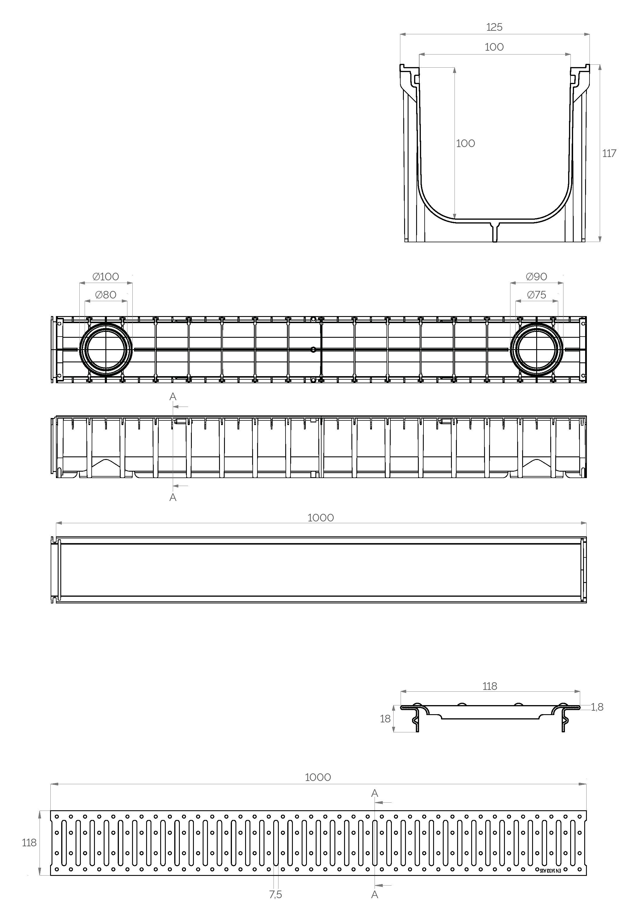 Rigola canalizare PP cu grila din otel zincat A15 100x100x1000 mm (cu iesire verticala D.110x75)  SAB