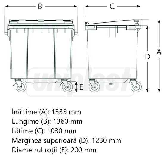 Cos pentru transportarea deseurilor 1100 L din plastic pe roti (galben) HE