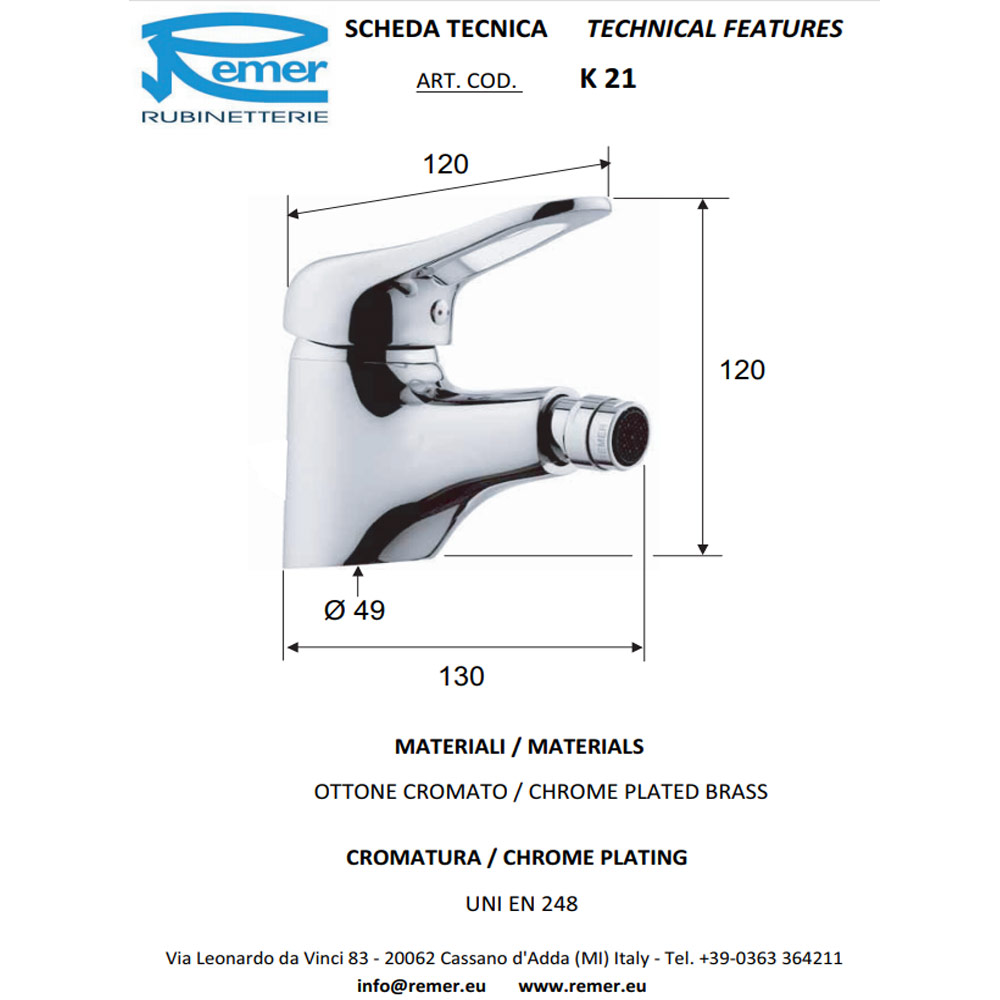 Baterie pentru bideu verticala fara supapa KISS 21  REMER