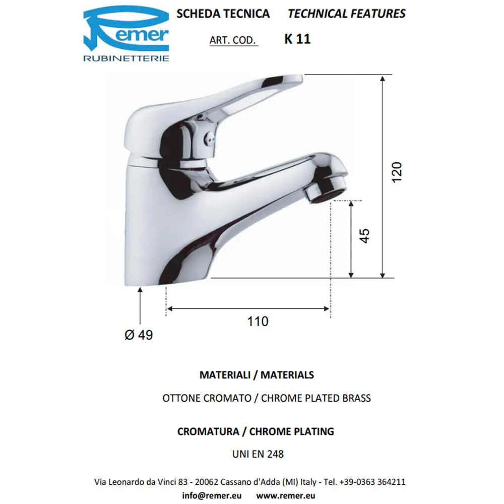 Смеситель для умывальника вертикальный без клапана KISS 11 2  REMER