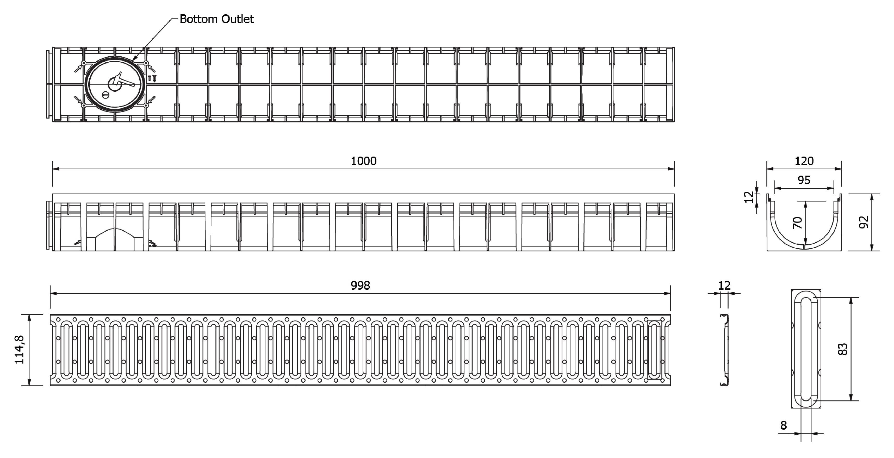 Решетка канализационная с лотком A15 HDPE 4ALL H70 100x70x1000 мм EN1433 (D.110)  MUFLESYSTEM
