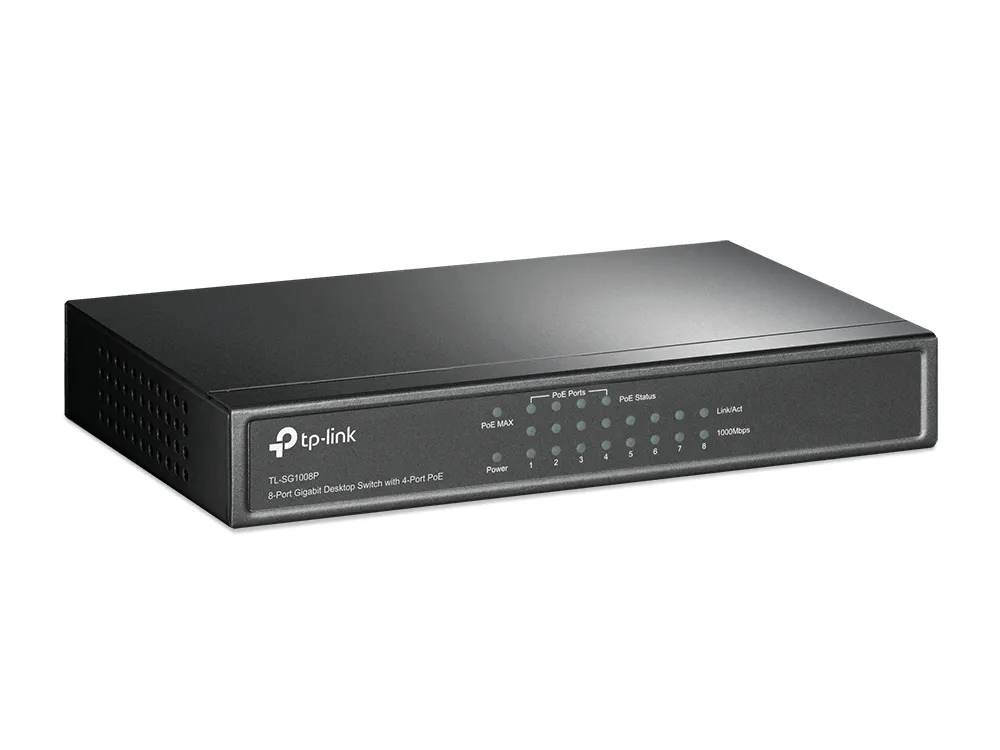 TP-LINK TL-SG1008P, 8-Port Gigabit Desktop PoE Switch, 8 Gigabit RJ45 ports including 4 PoE ports, 53W PoE Power supply, steel case