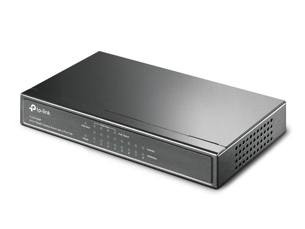 TP-LINK TL-SG1008P, 8-Port Gigabit Desktop PoE Switch, 8 Gigabit RJ45 ports including 4 PoE ports, 53W PoE Power supply, steel case