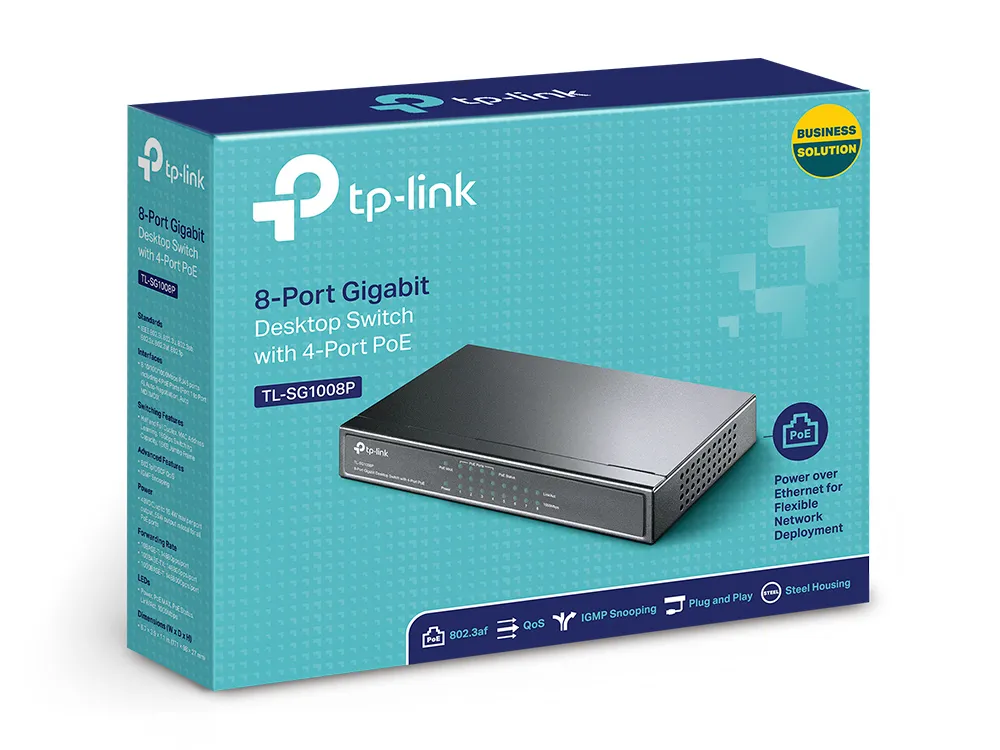 TP-LINK TL-SG1008P, 8-Port Gigabit Desktop PoE Switch, 8 Gigabit RJ45 ports including 4 PoE ports, 53W PoE Power supply, steel case