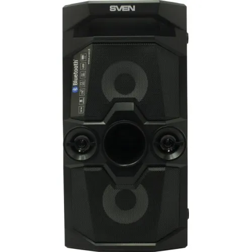 SVEN PS-650 Black, Bluetooth Portable Speaker, 50W RMS, Effective multi-colored lighting, LED display, FM tuner, USB & microSD, built-in lithium battery 4000 mAh, tracks control, AUX, RC, Optical, micro USB or 5V DC power supply