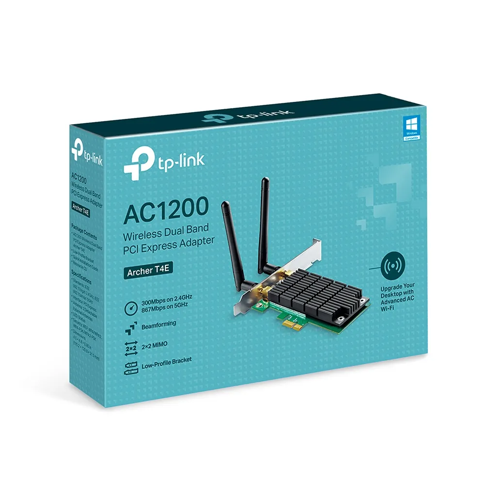 TP-LINK Archer T4E AC1200 Wireless Dual Band PCI Express Adapter, 867Mbps on 5GHz + 300Mpbs on 2.4GHz, 802.11a/b/g/n/ac, 2 Dual Band detachable аntennas