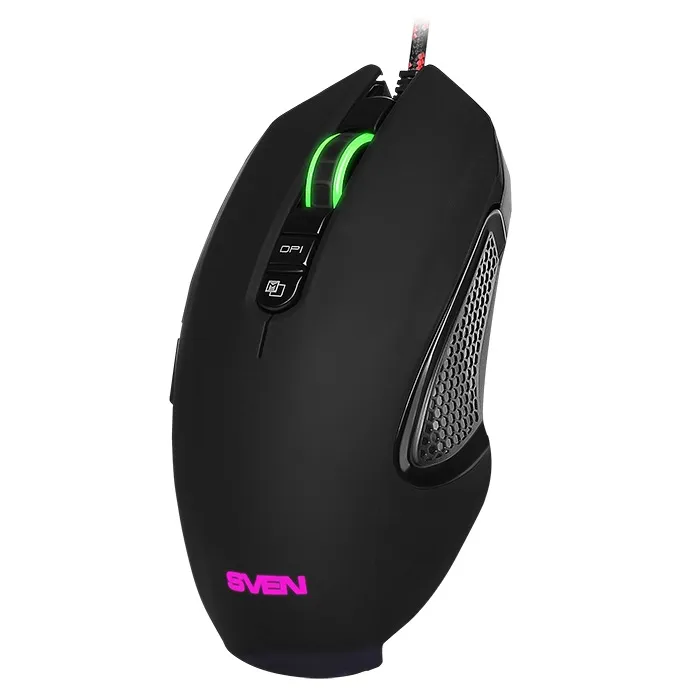 SVEN RX-G955 Gaming, Optical Mouse, 600-4000 dpi, 7+1 buttons (scroll wheel),  DPI switching modes, Two navigation buttons (Forward and Back), RGB backlight, Soft Touch coating, USB, Black
