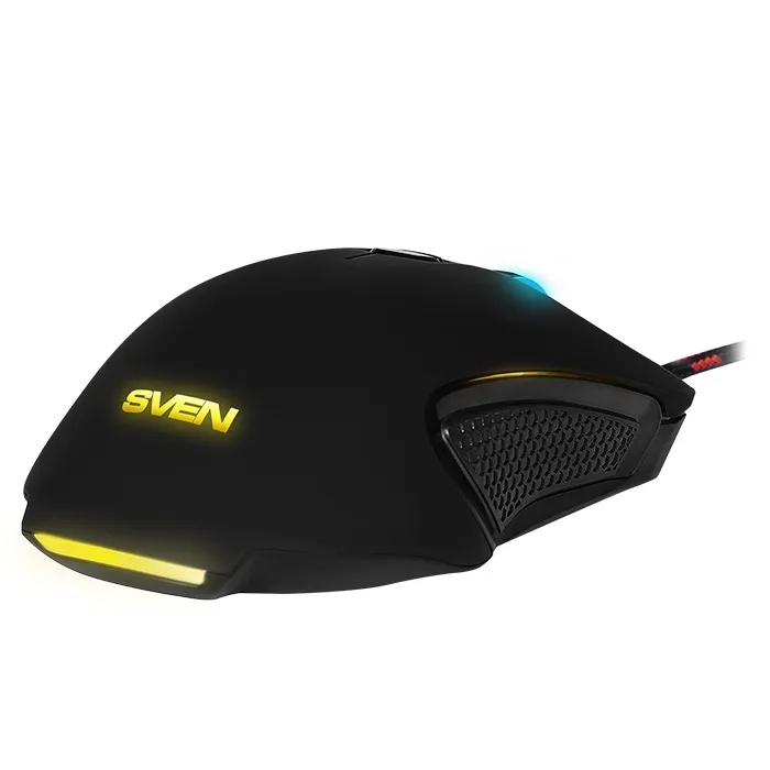 SVEN RX-G955 Gaming, Optical Mouse, 600-4000 dpi, 7+1 buttons (scroll wheel),  DPI switching modes, Two navigation buttons (Forward and Back), RGB backlight, Soft Touch coating, USB, Black