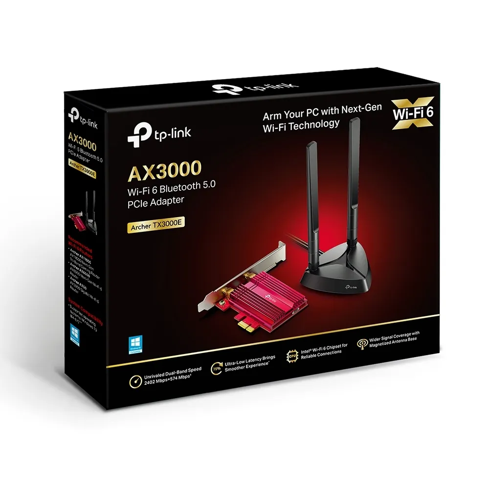 TP-LINK Archer TX3000E AX3000 Wi-Fi 6 + Bluetooth PCI Express Adapter, 2402Mbps on 5GHz + 574Mpbs on 2.4GHz, 802.11ax/ac/n/g/b/a, 2 Dual Band detachable аntennas, Bluetooth 5.0