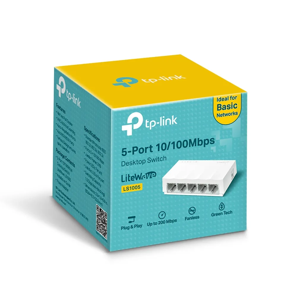 TP-LINK LS1005  5-port Desktop Switch, 5 10/100M RJ45 ports, Plastic case, LiteWave, Green Technology