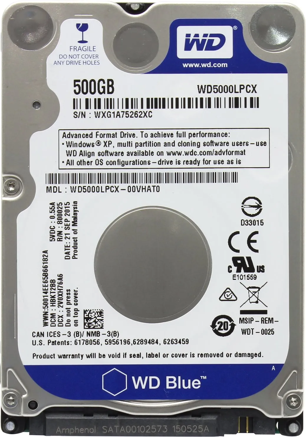 2.5" HDD 500GB  Western Digital WD5000LPCX, Blue™, 5400rpm, 16MB, 7mm, SATAIII, NP