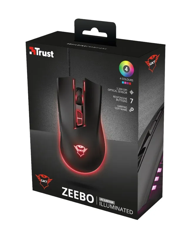 Trust GXT 121 Zeebo,1200 - 3200 dpi, adjustable LED lighting, 7 Programmable button, 1,8 m USB, Black