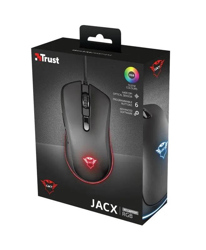 Trust Gaming GXT 930 Jacx RGB Mouse, 200 - 6400 dpi, 6 Programmable, responsive buttons including 2 thumb buttons, Fully adjustable RGB lighting with multiple effects, Braided cable 1,8 m USB, Black