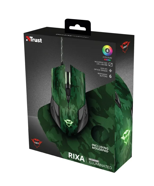 Trust Gaming GXT 781 Rixa Camo Mouse & Mouse Pad, 800 - 3200 dpi, 6 Responsive buttons, LED illumination with breathing effect in 4 colours, 1,8 m USB, Camouflage