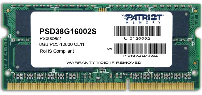 8GB DDR3-1600 SODIMM  PATRIOT Signature Line, PC12800, CL11, 2 Rank, Double-sided module, 1.5V