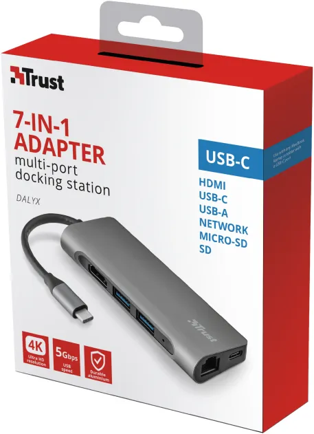 Adaptor Multiport Trust Dalyx/ USB-C/ 1xUSB-C/ 2xUSB-A/ HDMI/ RJ45/ SD/ microSD