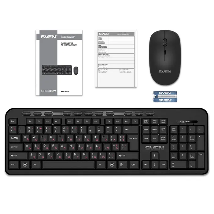 SVEN KB-C3200W, Wireless, Multimedia Keyboard & Mouse, 2.4GHz, (115 keys, 11 Fn-keys) + Mouse (3 + 1 (scroll wheel), 800/1200/1600 dpi), Nano receiver, USB, Black, Rus/Ukr/Eng