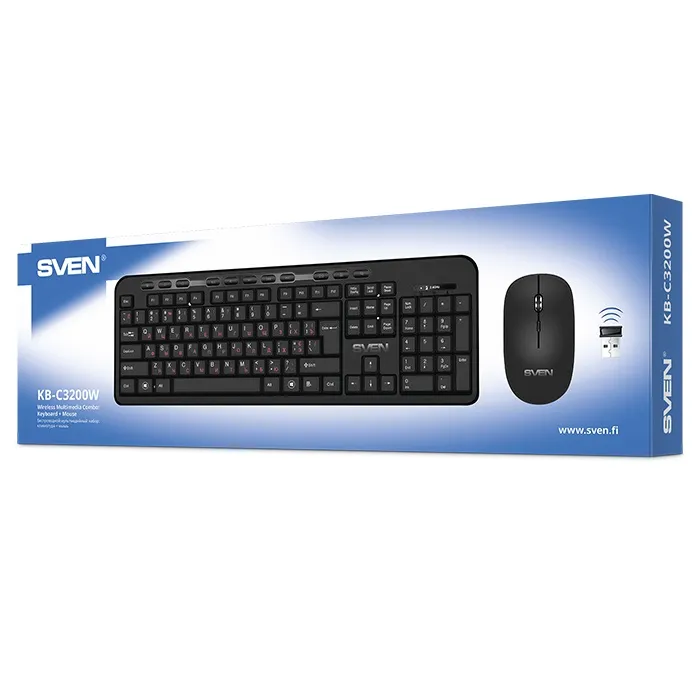SVEN KB-C3200W, Wireless, Multimedia Keyboard & Mouse, 2.4GHz, (115 keys, 11 Fn-keys) + Mouse (3 + 1 (scroll wheel), 800/1200/1600 dpi), Nano receiver, USB, Black, Rus/Ukr/Eng