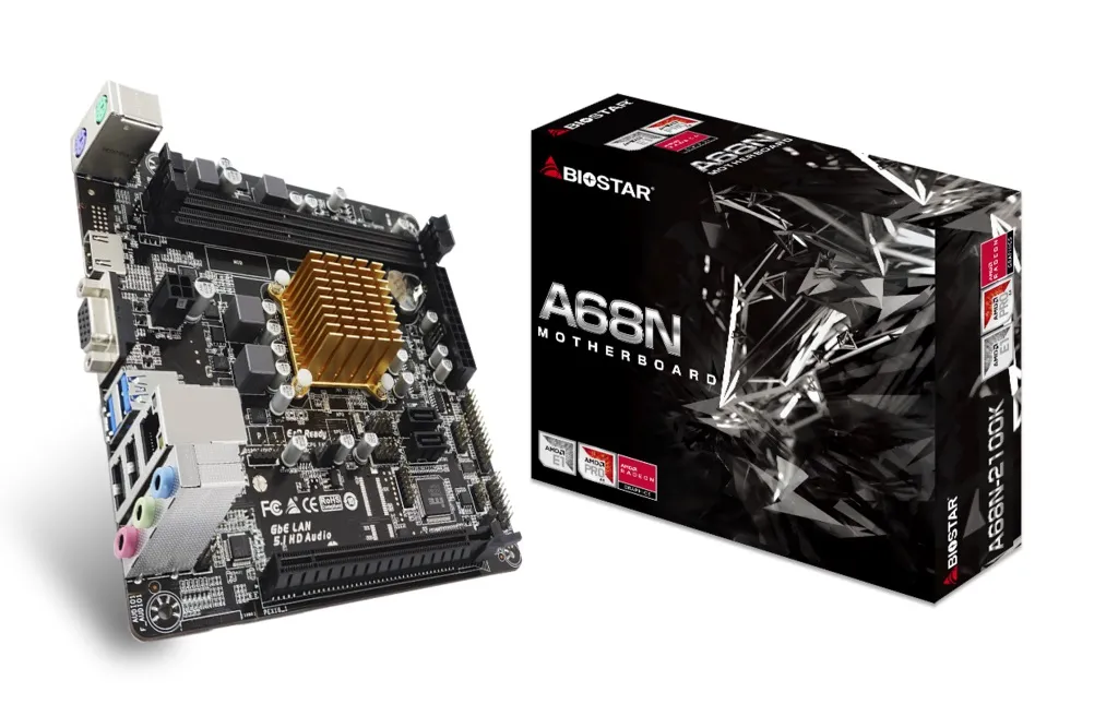 BIOSTAR A68N-2100K, MB + CPU onboard: Dual-core AMD E1-6010 1.35GHz, 2xDDR3-1600, AMD Radeon R2 Graphics, support HDCP, VGA, HDMI, 1x PCI-Ex16, 2xSATA3, COM+LPT headers, ALC887 7.1-Ch HDA, 1xGbE LAN, 2xUSB3.2 Gen1, 2xUSB 2.0, mini-ITX