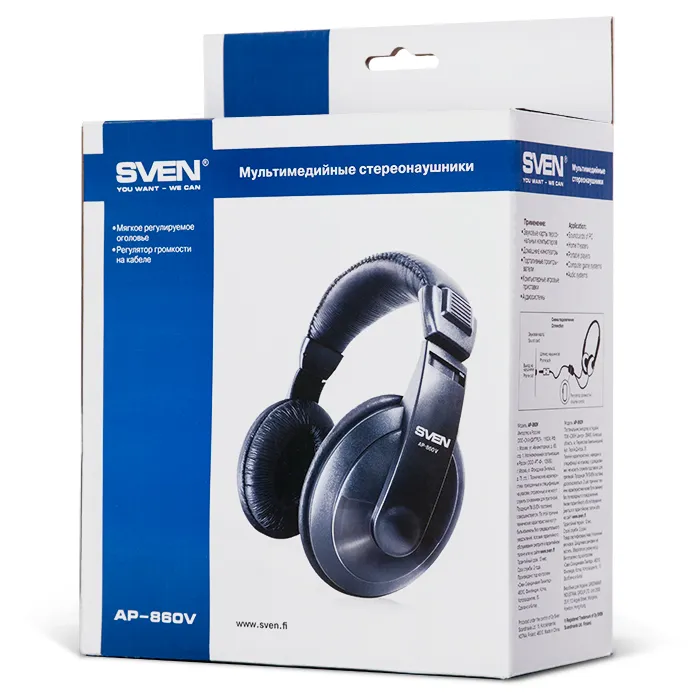 SVEN AP-860V, Stereo headphones with the volume control,  3.5 mm (3 pin) stereo mini-jack, 2.5 m, Black