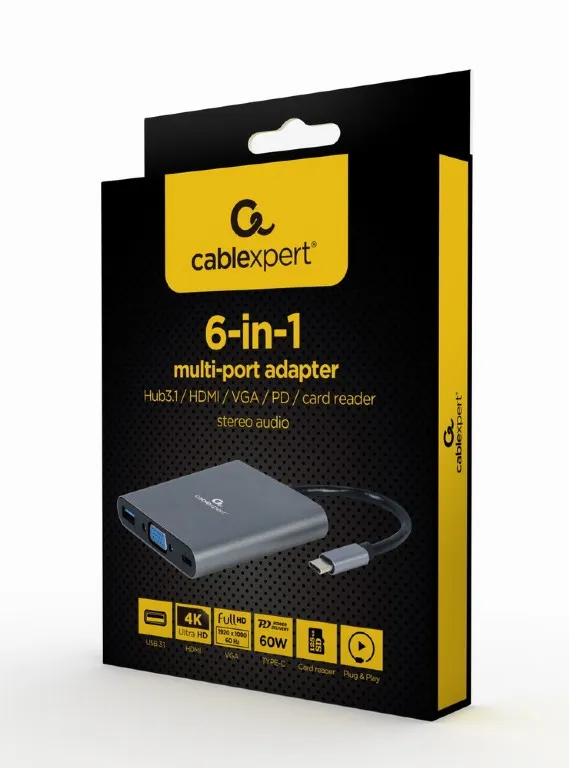 Adaptor Multiport Gembird A-CM-COMBO6-01/ USB-C/ USB-A/ 1xUSB-C/ HDMI/ VGA/ miniJack 3.5mm/ SD/ microSD
