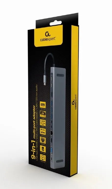 Hub Multiport Gembird A-CM-COMBO9-01/ USB-C/ 5xUSB-A/ 1xUSB-C/ HDMI/ VGA/ RJ45/ miniJack 3.5mm/ SD/ microSD