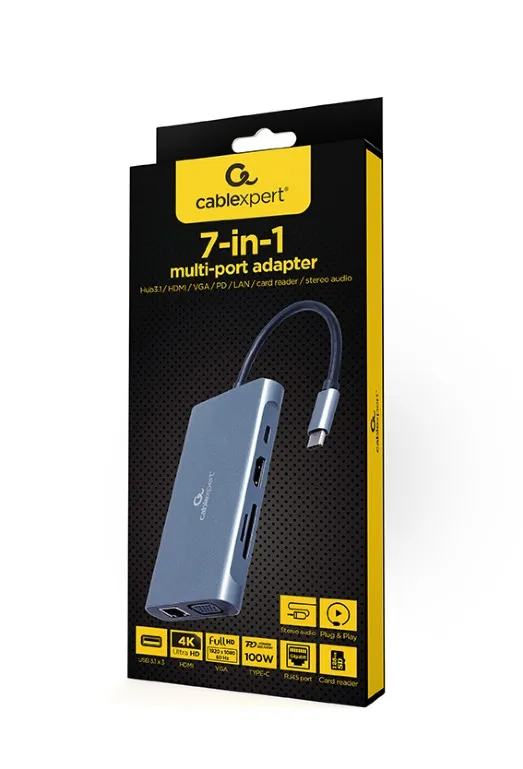 Adaptor Multiport Gembird A-CM-COMBO7-01/ USB-C/ 3xUSB-A/ 1xUSB-C (PD 100W)/ HDMI/ VGA/ miniJack 3.5mm/ SD/ microSD