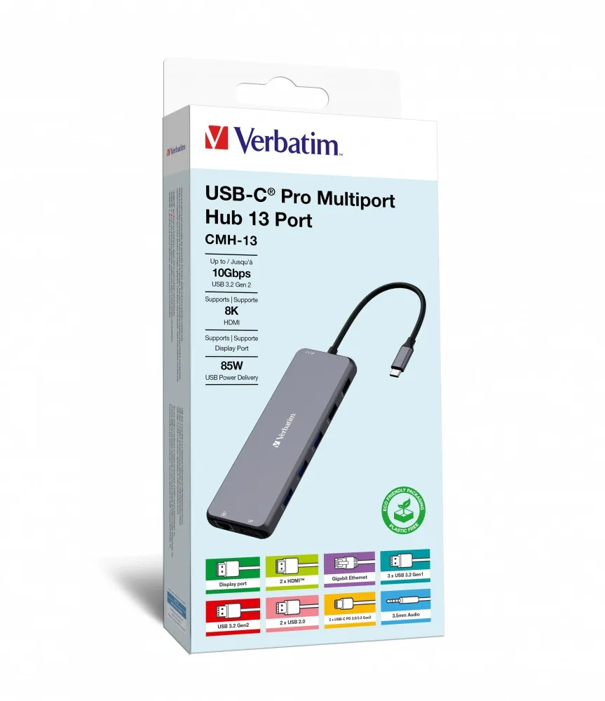 Adaptor Multiport Verbatim CMH-13/ USB-С/ 3xUSB-A 3.2/ 1xUSB-A 3.2(Gen2)/ 2xUSB-A/ 2xUSB-C/ 2xHDMI/ 1xDP/ RJ45