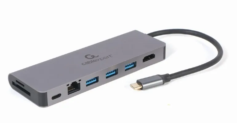 Adaptor Multiport Gembird A-CM-COMBO5-05/ USB-C/ 3xUSB-A/ 1xUSB-C (PD 100W)/ HDMI/ RJ45/ SD