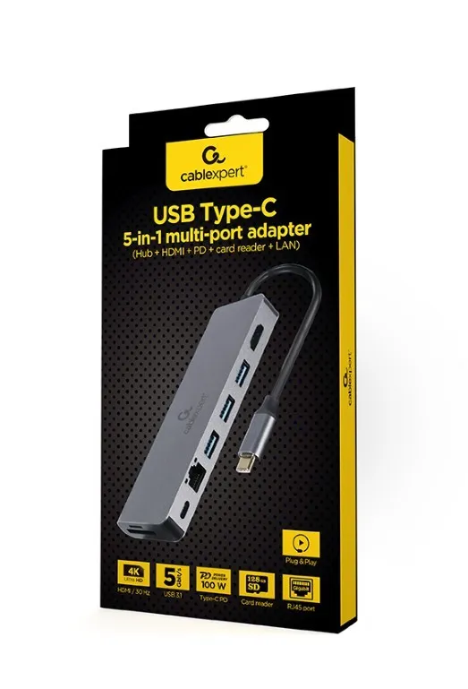 Adaptor Multiport Gembird A-CM-COMBO5-05/ USB-C/ 3xUSB-A/ 1xUSB-C (PD 100W)/ HDMI/ RJ45/ SD