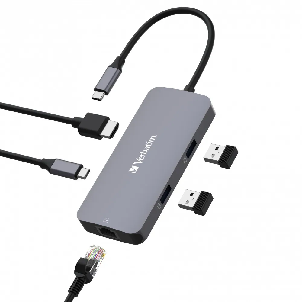 Adaptor Multiport Verbatim CMH-05/ USB-C/ 2xUSB-A 3.0/ 1xUSB-C (PD 100w)/ HDMI/ RJ45