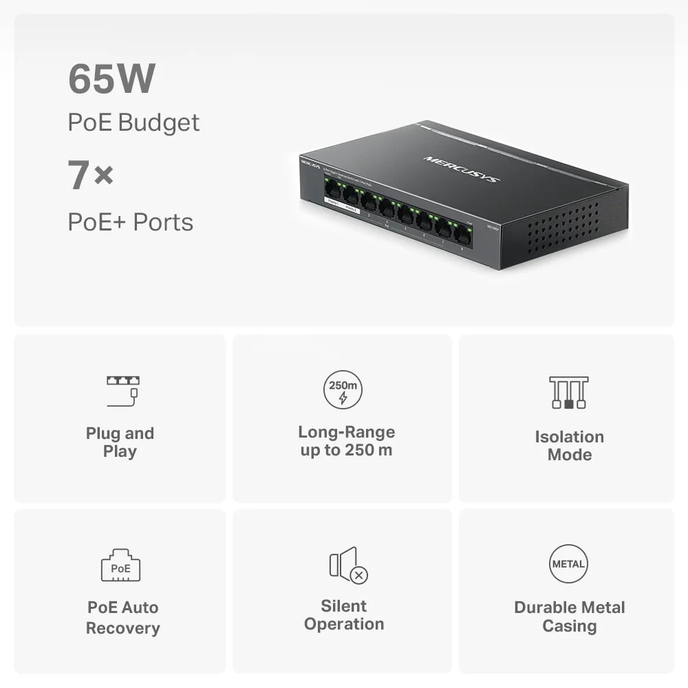 Switch MERCUSYS MS108GP/ 8 port / 1000Mb / RJ45 / Plastic case