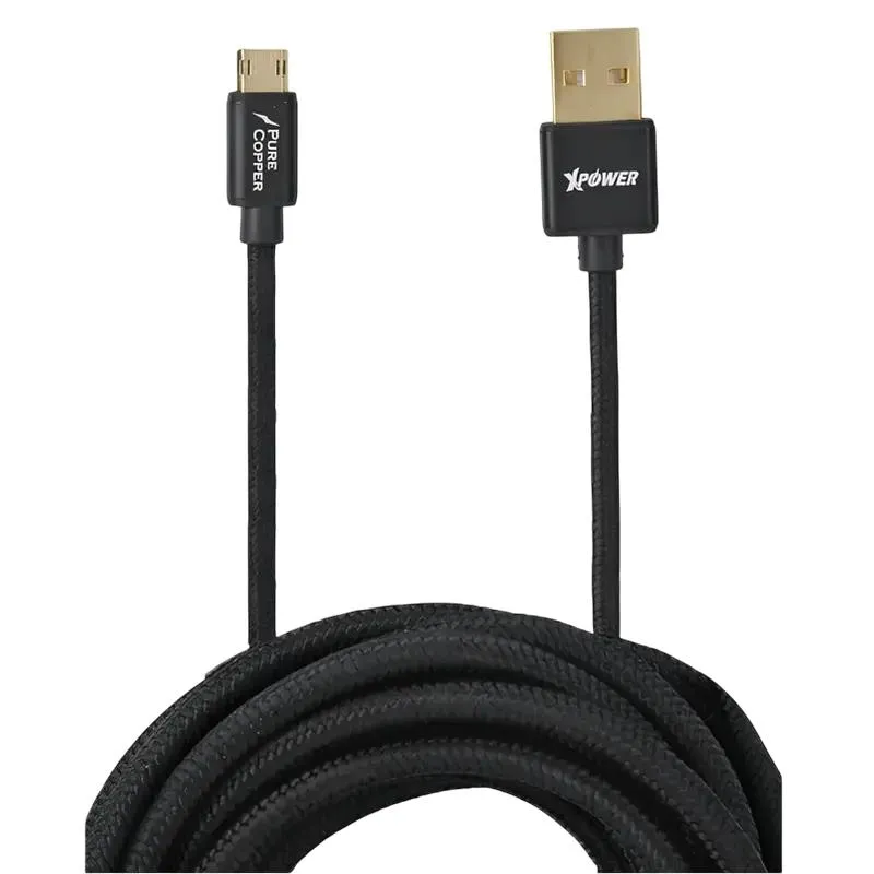Charge and Sync Cable Xpower Micro-USB Cable, Nylon, 2m, USB Type-A/micro-USB, 2m, Black